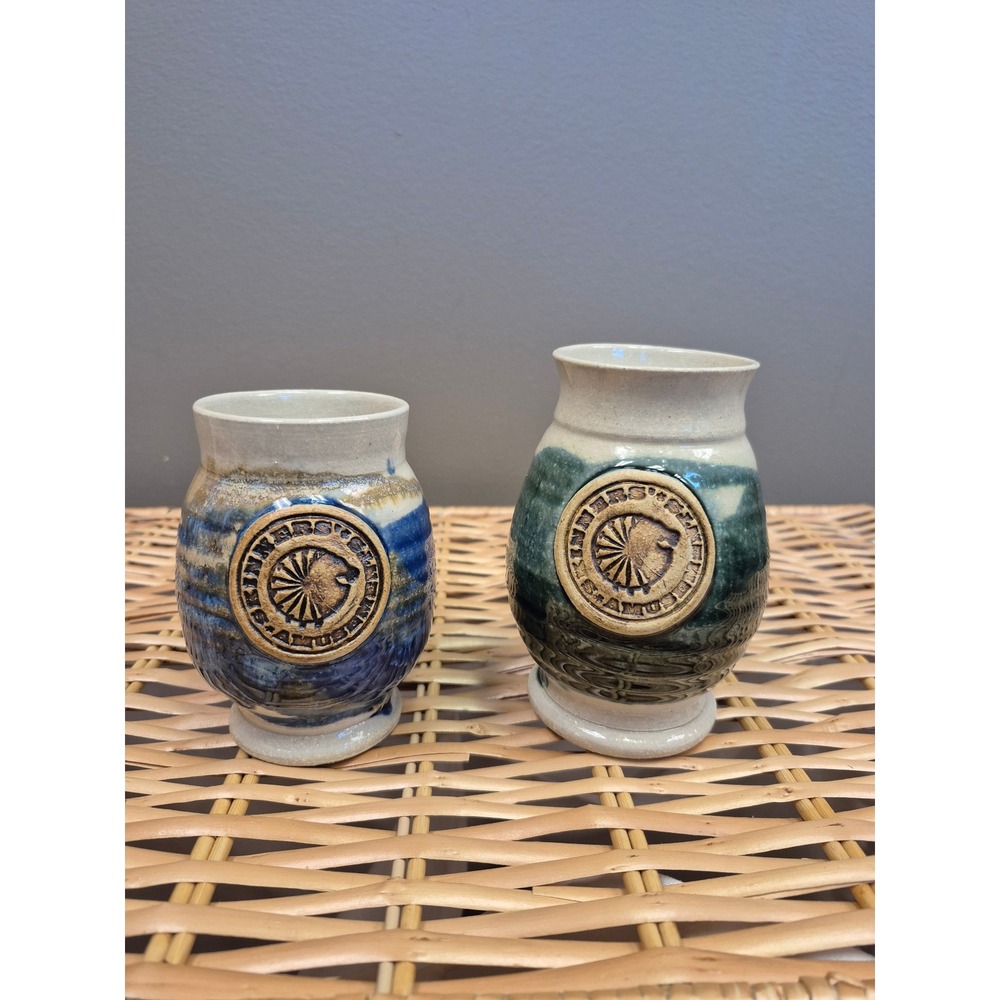 Skinners Amusements Pottery Mug Set of 2 Blue Green Handmade Stoneware Pair Lot
